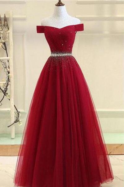 A-line Off The Shoulder Burgundy Tulle Prom Dress With Beading,01