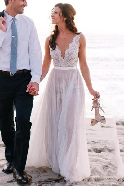 Elegant Scoop Neck Lace A Line Tulle Beach Wedding Dress ,03