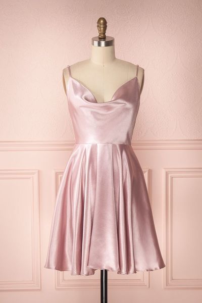 Simple A-Line Cowl Neck Open Back Blush Pink Satin Short Homecoming Dresses,Back to School Dresses
