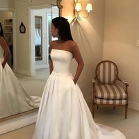 A-Line Strapless Ivory Satin Long Wedding Dresses with Pockets,Bridal Gown - Thumbnail 1