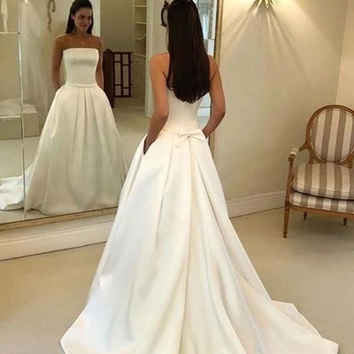 A-line strapless ivory satin long wedding dresses with pockets,bridal gown - Thumbnail 4