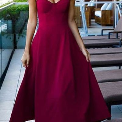Tea length a-line sweetheart open back dark red satin prom dresses,homecoming party dresses,back to school dresses - Thumbnail 4