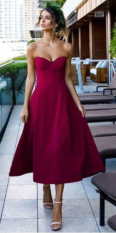 Tea Length A-Line Sweetheart Open Back Dark Red Satin Prom Dresses,Homecoming Party Dresses,Back to School Dresses