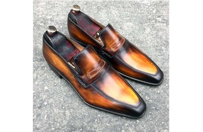Handmade Cognac Tan Leather Penny Loafer Slipper Dress Men's Fashion Moccasin Shoes