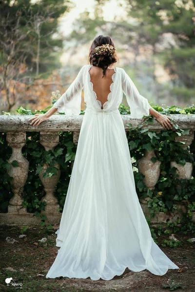 Chiffon Elegant Sexy Long Sleeves and Flirty Back Wedding Dress,13