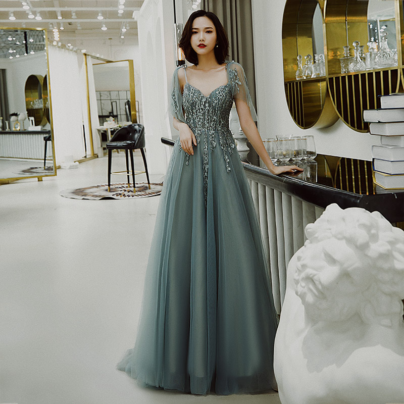 Stylish v neck tulle long prom dress, evening dress