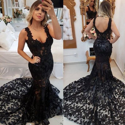 Lace mermaid black long prom dresses evening gowns - Thumbnail 4