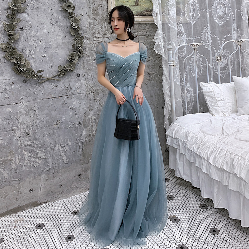 Blue tulle long prom dress, evening dress