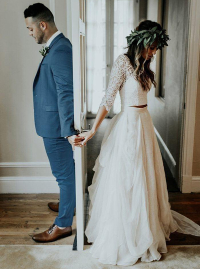 Two Piece Wedding Dress with Sleeves,Long OutDoor Wedding Dress,16
