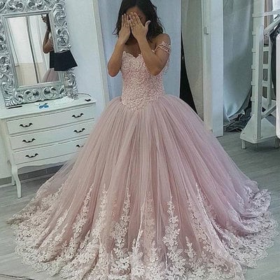 Off the shoulder tulle prom dresses birthday dresses quinceanera gowns with appliques lace - Thumbnail 5