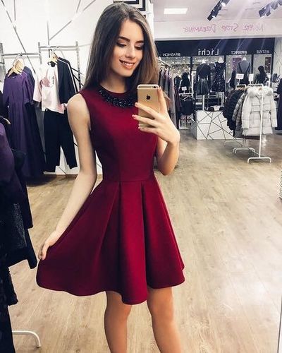 A-Line Round Neck Burgundy Satin Short Homecoming Dresses,Short Prom Dresses,Simple Cocktail Party Dresses