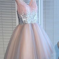 Cute V Neck Pink Homecoming Dresses,Sequins Short Prom Dresses,A-Line Back to School Dress - Thumbnail 1