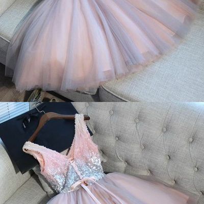 Cute v neck pink homecoming dresses,sequins short prom dresses,a-line back to school dress - Thumbnail 3