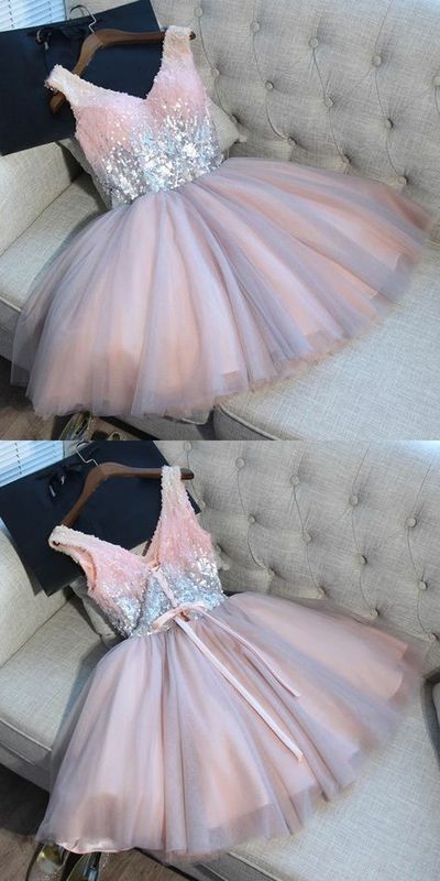 Cute V Neck Pink Homecoming Dresses,Sequins Short Prom Dresses,A-Line Back to School Dress