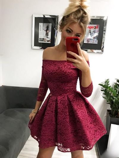 Off the Shoulder Burgundy Homecoming Dress Short,Lace Short Homecoming Dress,Evening Party Dresses