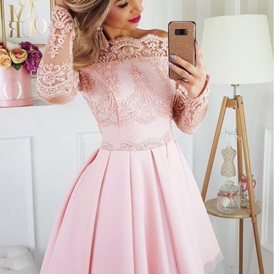 Off the shoulder pink short homecoming dresses,long sleeve lace short prom dress,cocktail party dress,back to school dress - Thumbnail 5