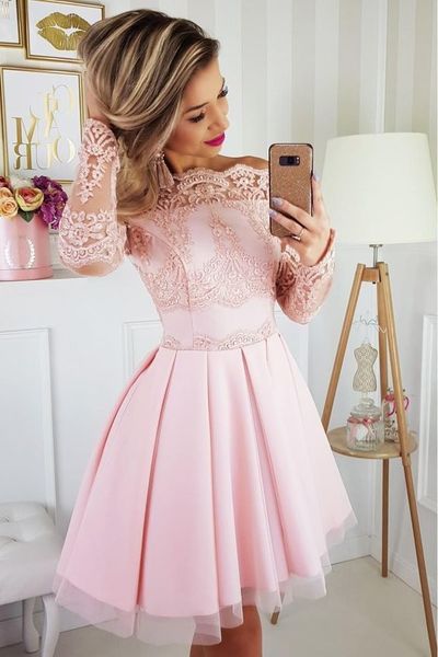 Off the Shoulder Pink Short Homecoming Dresses,Long Sleeve Lace Short Prom Dress,Cocktail Party Dress,Back to School Dress