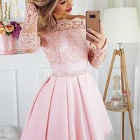 Off the Shoulder Pink Short Homecoming Dresses,Long Sleeve Lace Short Prom Dress,Cocktail Party Dress,Back to School Dress - Thumbnail 1