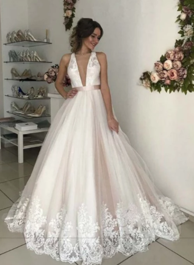 Deep V Neck Sleeveless Backless Wedding Dresses Lace Appliques Bridal Gown,17