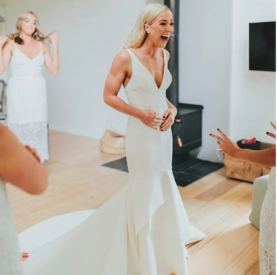 White V Neck Sleeveless Satin Wedding Dresses Mermaid Bridal Dresses,18