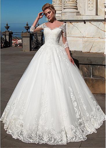 Wonderful Tulle & Organza V-neck Neckline Ball Gown Wedding Dresses With Lace Appliques,34