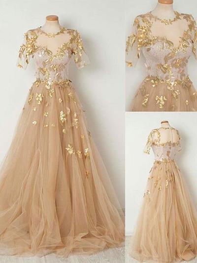 A-Line Gold Prom Dress Tulle Cheap Long Prom Dress,Half Sleeves prom dresses,35