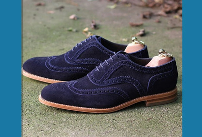 Handmade Men's Navy Blue Suede Shoes, Lace Up Stylish Wing Tip Brogue Dress Formal Shoes