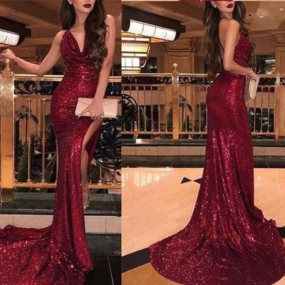 Burgundy Sparkly Sequins Backless Mermaid Prom Dresses