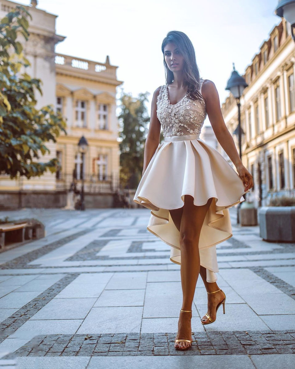 Champagne v neck lace short prom dress, homecoming dress