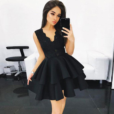 Black v neck lace short prom dress, homecoming dress - Thumbnail 3