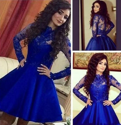 Long Sleeves Short Royal Blue Homecoming Dresses with Appliques