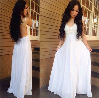 Backless Spaghetti Straps Long Prom Dresses with Lace