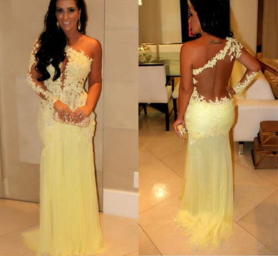 Mermaid Pale Yellow Single Length Prom Dresses with Appliques