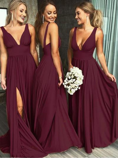 Deep V-neck Long Backless Maroon Bridesmaid Dresses with Split,43