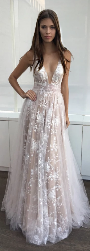2019 A-Line Deep V-Neck Tulle Lace Appliques Floor-Length Long Sexy Party Prom Dress,47