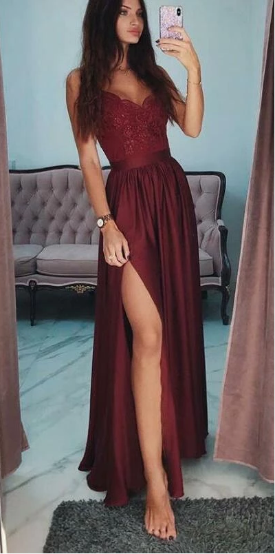 2019 A-Line Spaghetti Straps Side Split Cheap Modest Long Party Prom Dresses,evening dress, 51