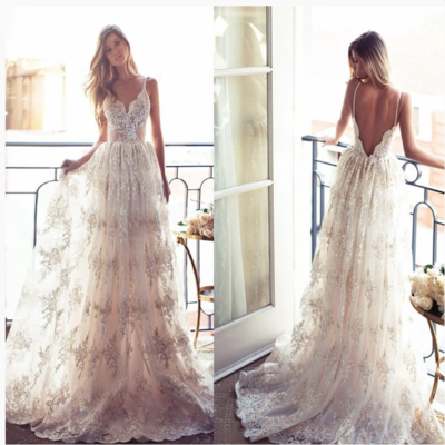 2020 A-line Long Spaghetti V-back Sexy Lace Bridal Gown, Wedding Party Dress,52