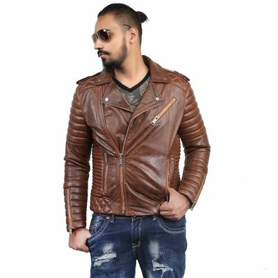 Mens Biker Vintage Motorcycle Quilted Distressed Brown Cafe Racer Leather Jackets