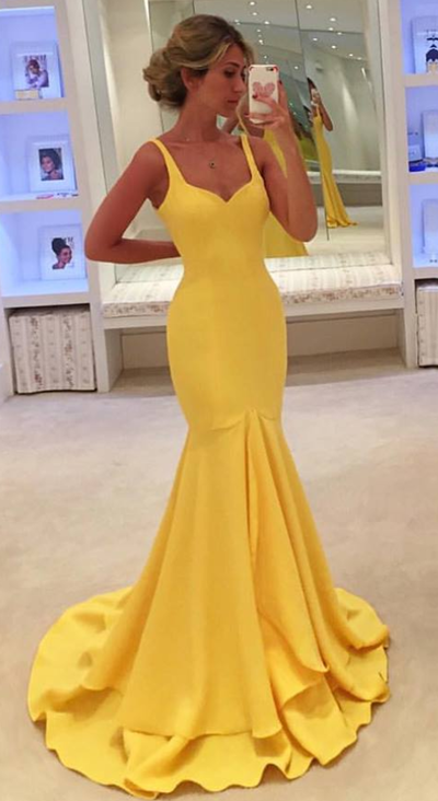 Yellow Simple Spaghetti-Straps Mermaid Prom Dress evening dress,68