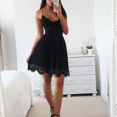 Sexy a-line v neck spaghetti straps open back black lace short homecoming dresses,evening party dresses - Thumbnail 4