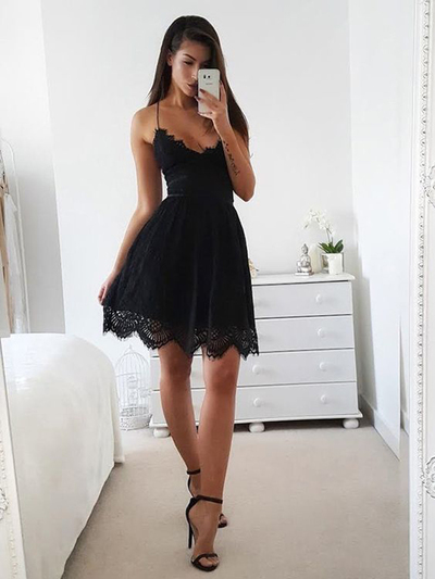 Sexy A-Line V Neck Spaghetti Straps Open Back Black Lace Short Homecoming Dresses,Evening Party Dresses