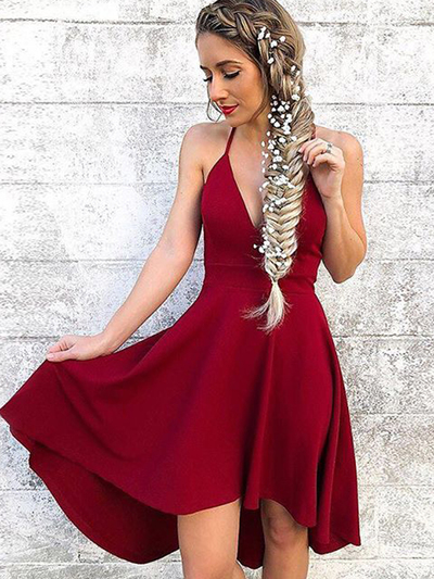 Simple A-Line Halter Open Back Burgundy Satin Short Homecoming Dresses,Back to School Dresses,Short Prom Dresses Under 100