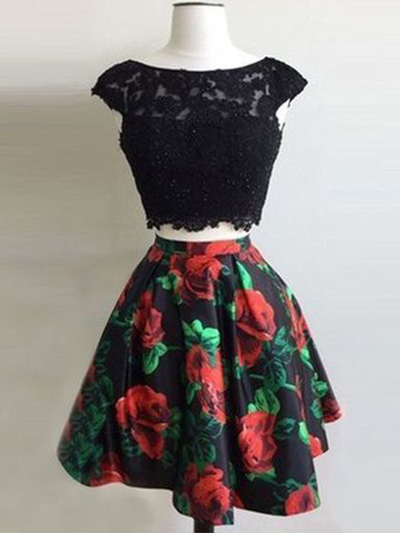 Modest Two Piece Bateau Neck Open Back Cap Sleeve Floral Printed Short Homecoming Dresses with Lace