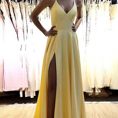 Simple a line v neck yellow satin long prom dresses under 100, split spaghetti straps prom dresses - Thumbnail 5