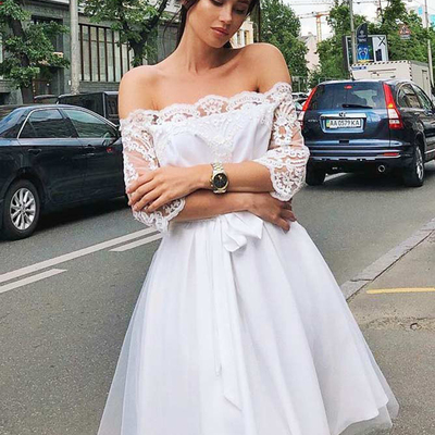 Cute a line off the shoulder half sleeves white short homecoming dresses, charming short homecoming dresses - Thumbnail 4