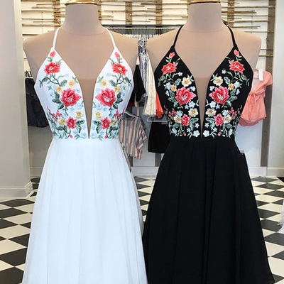 A line v neck cross back embroidery white short homecoming dresses, flower mini homecoming dresses - Thumbnail 4