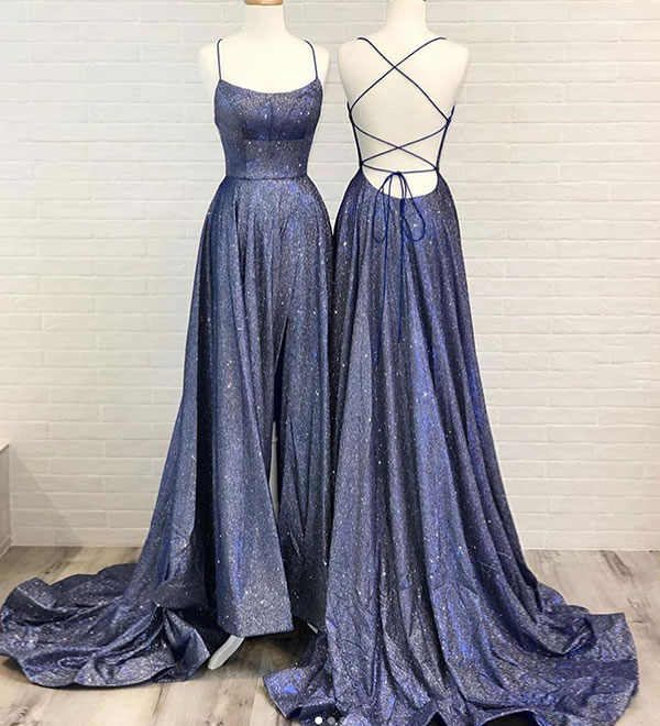 Shiny blue satin long prom dress, blue evening dress