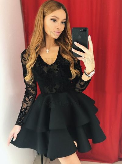 A-Line V Neck Long Sleeve Black Lace Short Homecoming Dresses,Tiered Back to School Dresses,Little Black Dresses