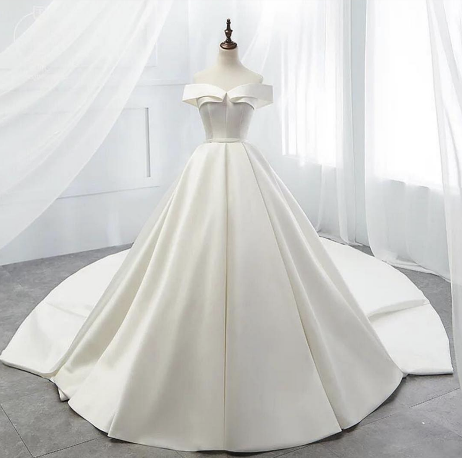 White satin off shoulder long prom dress, white evening dress