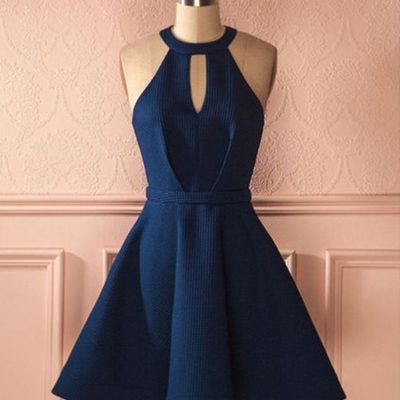 Chic a-line halter open back navy blue satin short homecoming dresses,cheap hoco dresses - Thumbnail 2